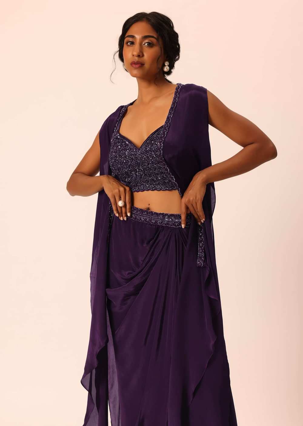 Purple Silk Jacket And Dhoti Set With Sequin Work