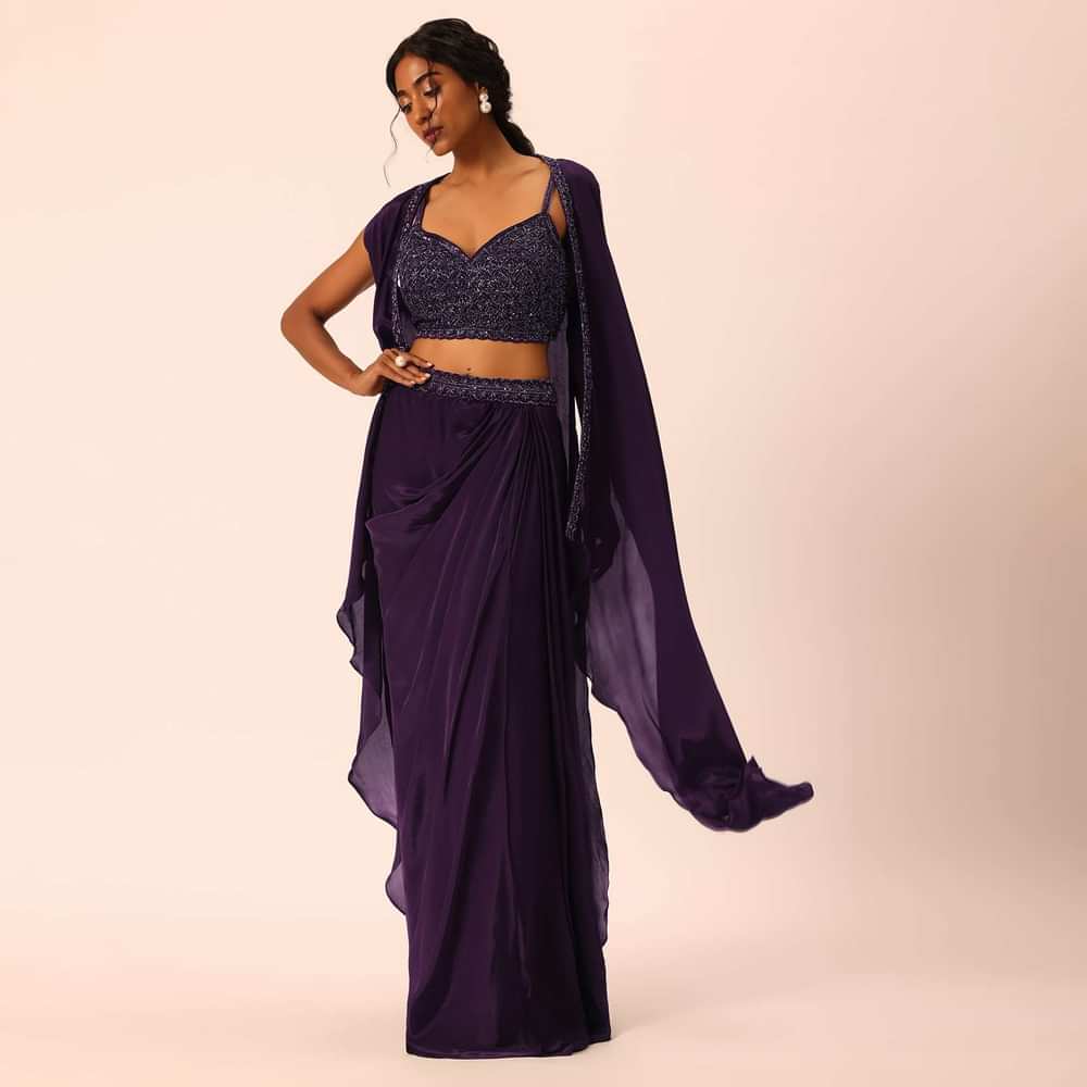 Purple Silk Jacket And Dhoti Set With Sequin Work