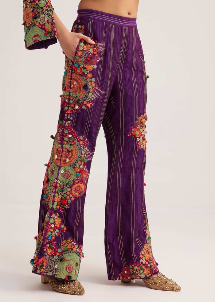 Purple Silk Kurta Palazzo Set With Resham And Zari Embroidery
