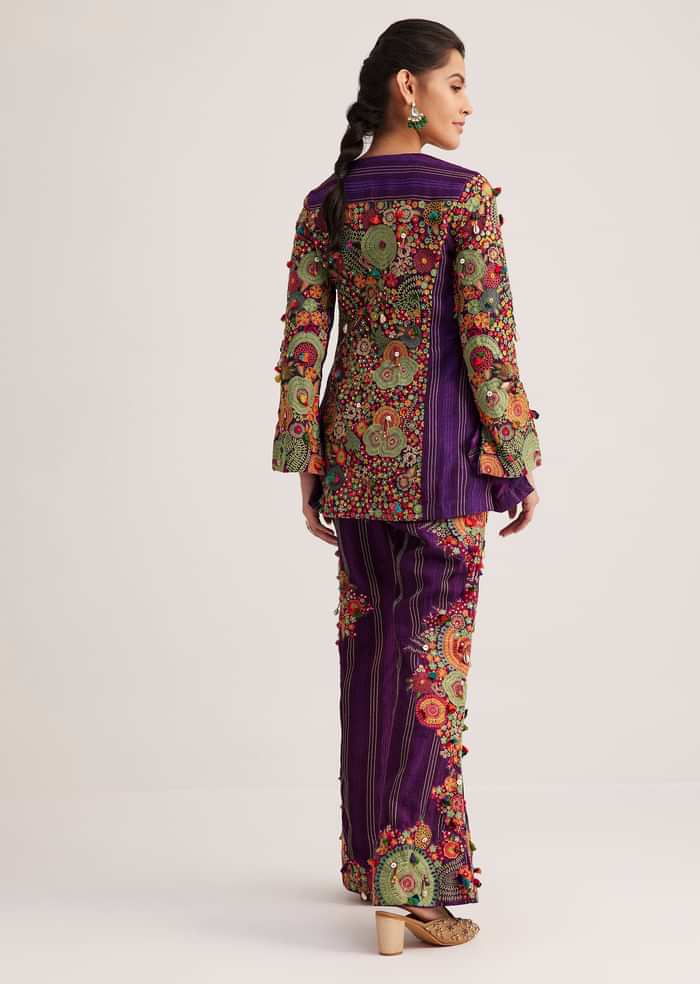 Purple Silk Kurta Palazzo Set With Resham And Zari Embroidery