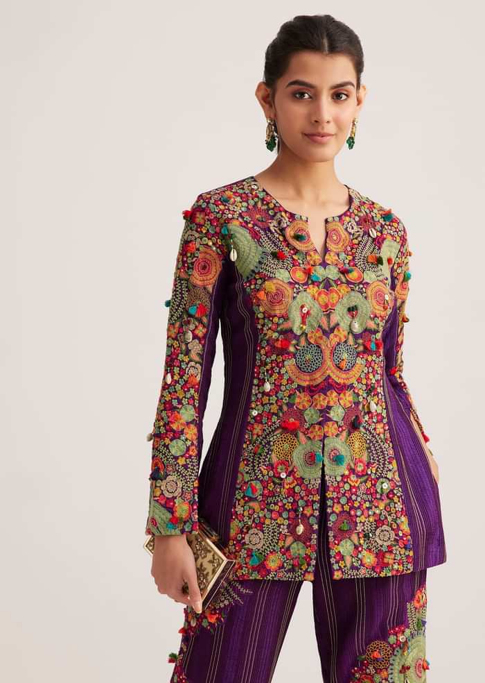 Purple Silk Kurta Palazzo Set With Resham And Zari Embroidery