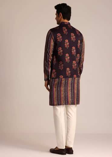 Purple Silk Kurta Set With Floral Print Jacket