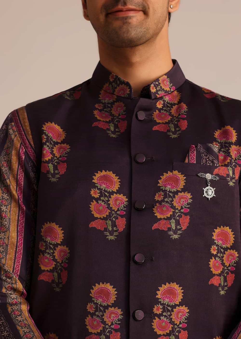 Purple Silk Kurta Set With Floral Print Jacket