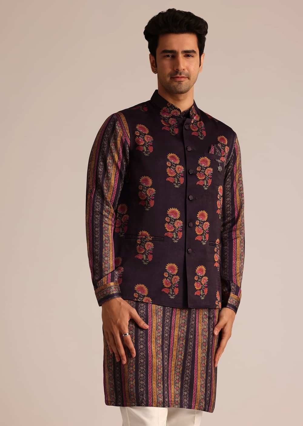 Purple Silk Kurta Set With Floral Print Jacket