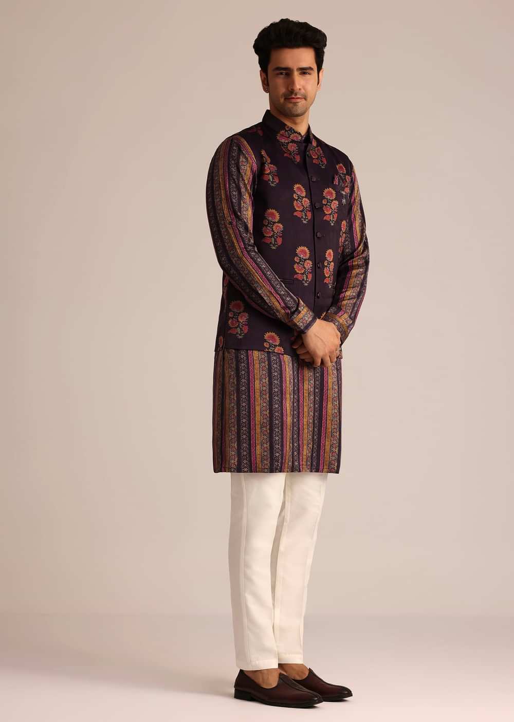 Purple Silk Kurta Set With Floral Print Jacket