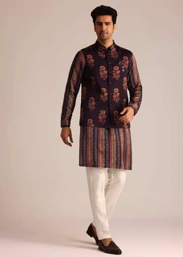 Purple Silk Kurta Set With Floral Print Jacket