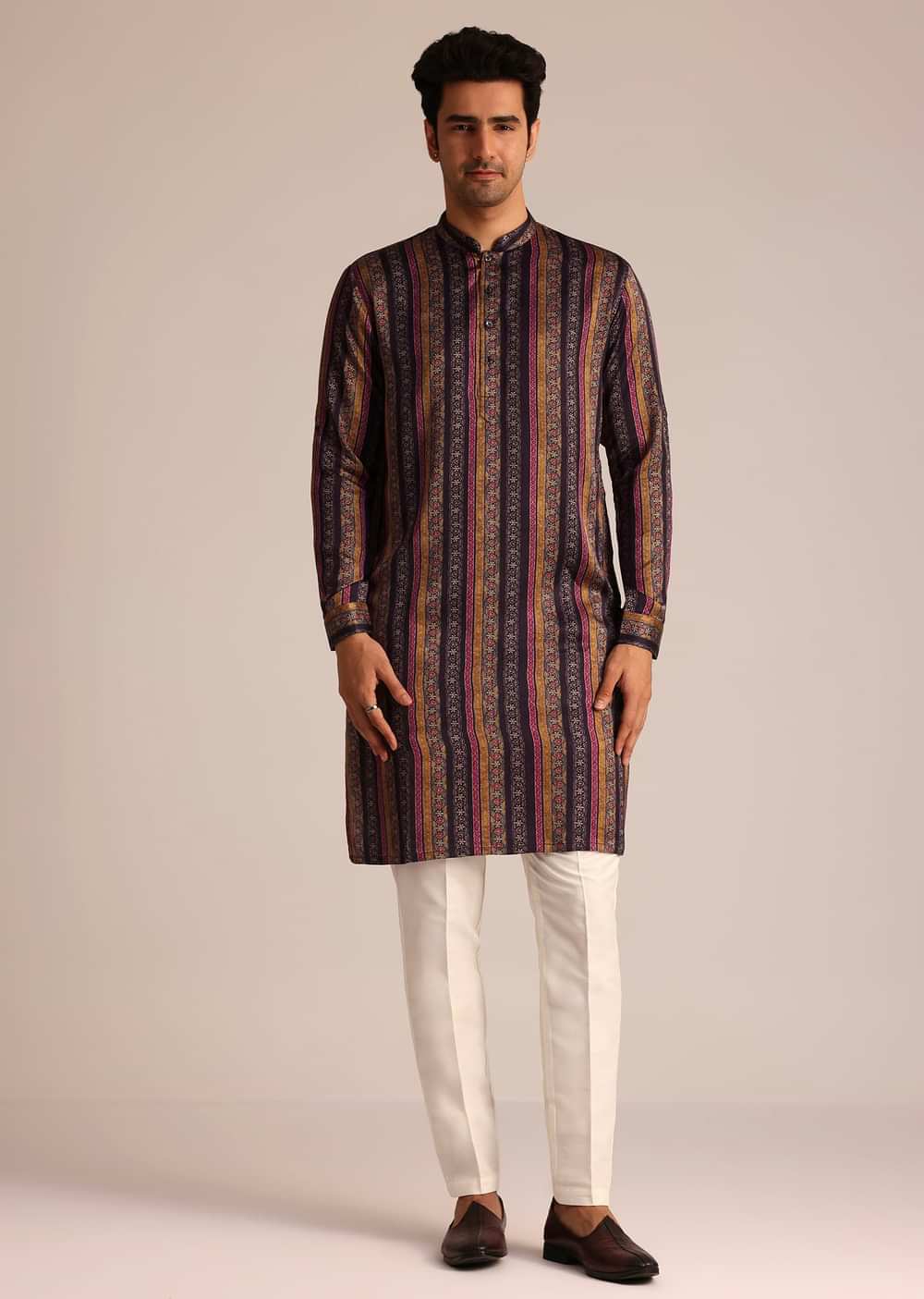 Purple Silk Kurta Set With Floral Print Jacket
