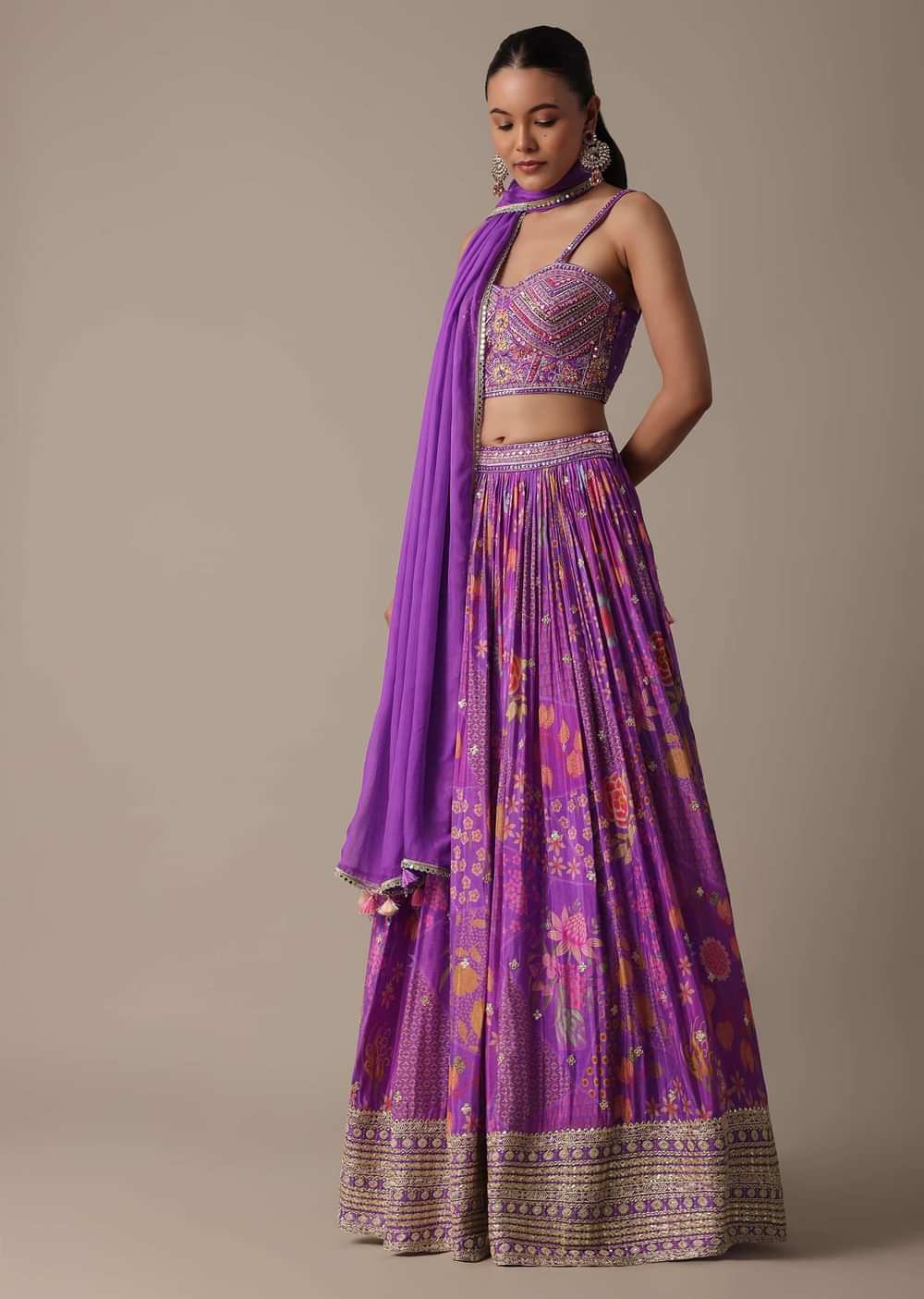Purple Silk Lehenga Set With Hand-Embroidered Choli And Dupatta