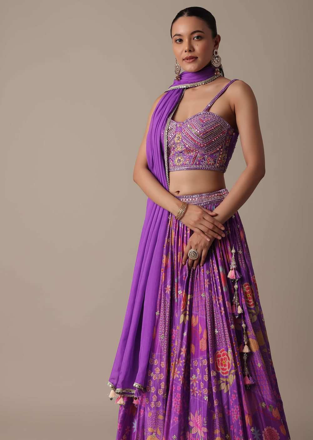 Purple Silk Lehenga Set With Hand-Embroidered Choli And Dupatta