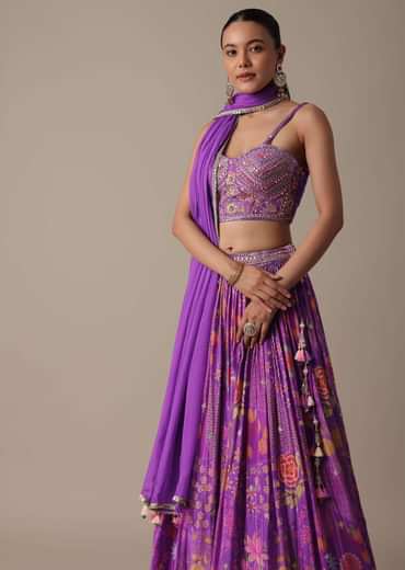 Purple Silk Lehenga Set With Hand-Embroidered Choli And Dupatta