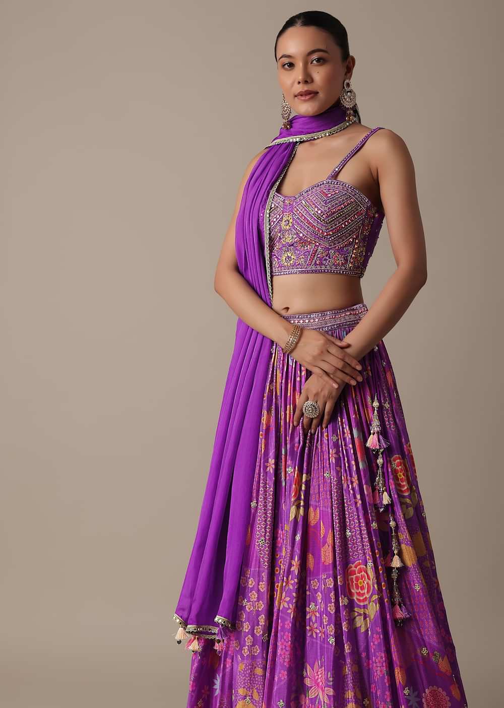 Purple Silk Lehenga Set With Hand-Embroidered Choli And Dupatta