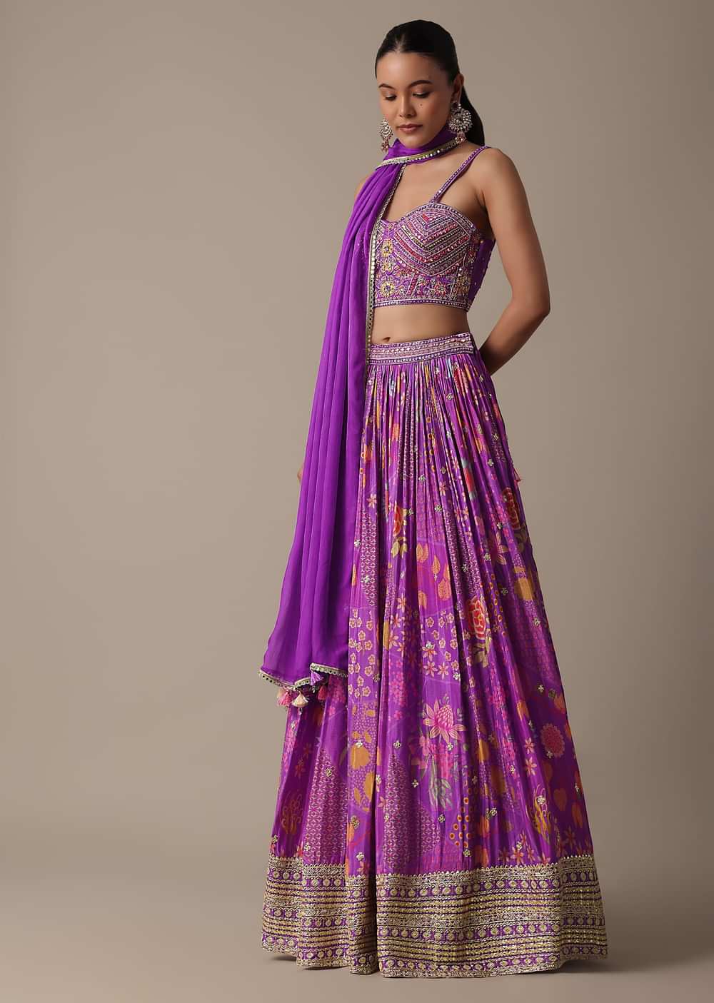 Purple Silk Lehenga Set With Hand-Embroidered Choli And Dupatta