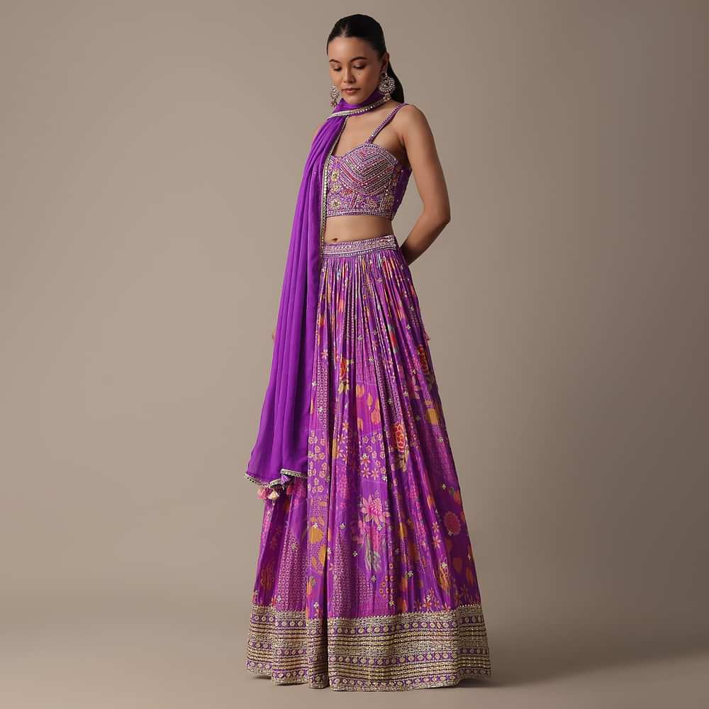 Purple Silk Lehenga Set With Hand-Embroidered Choli And Dupatta