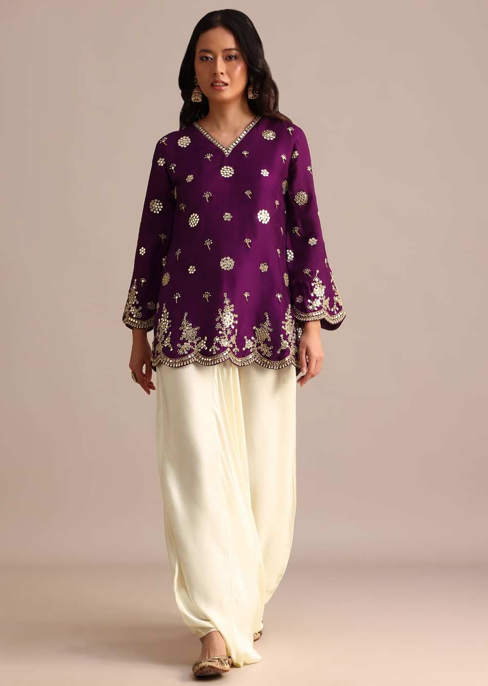 Purple Silk Mirror Embroidered Kurta Dhoti