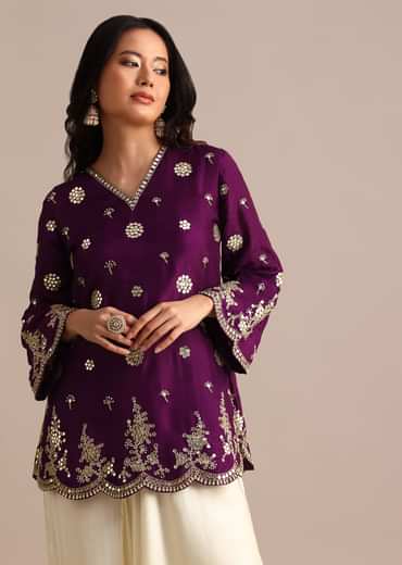Purple Silk Mirror Embroidered Kurta Dhoti