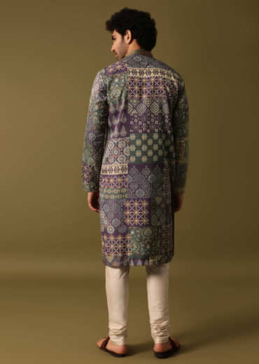 Purple Silk Printed Kurta Pyjama For Men