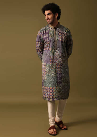 Purple Silk Printed Kurta Pyjama For Men
