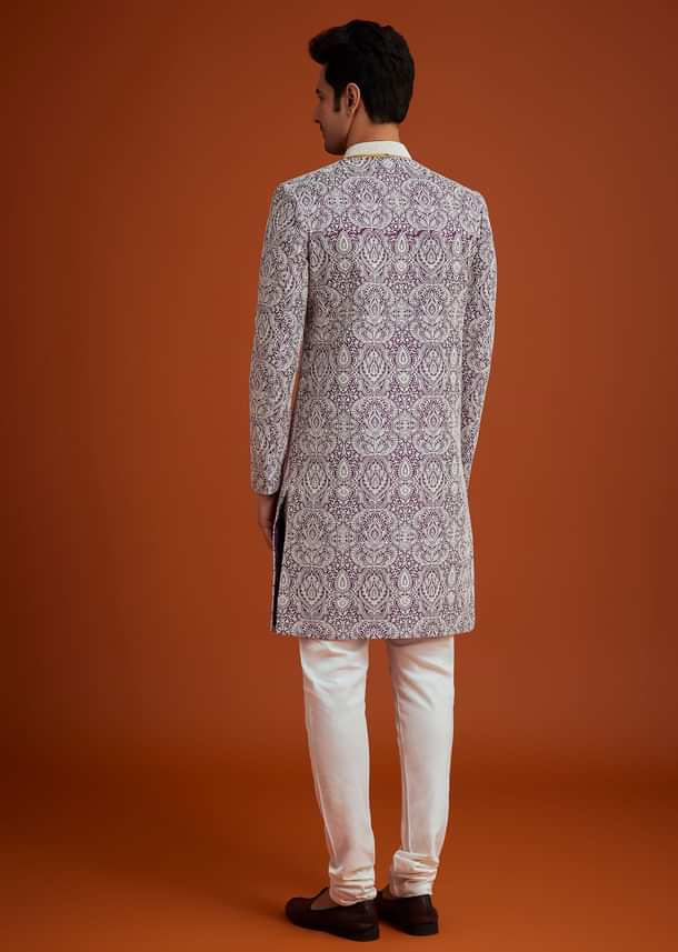 Purple Silk Sherwani Set With Bead Work Purple Silk Sherwani Set With Bead Work