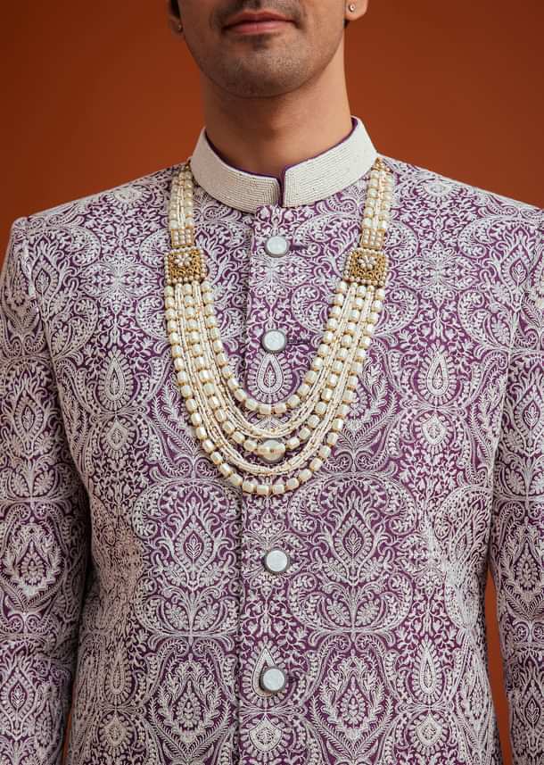 Purple Silk Sherwani Set With Bead Work Purple Silk Sherwani Set With Bead Work