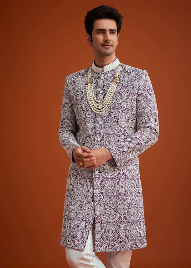 Purple Silk Sherwani Set With Bead Work Purple Silk Sherwani Set With Bead Work