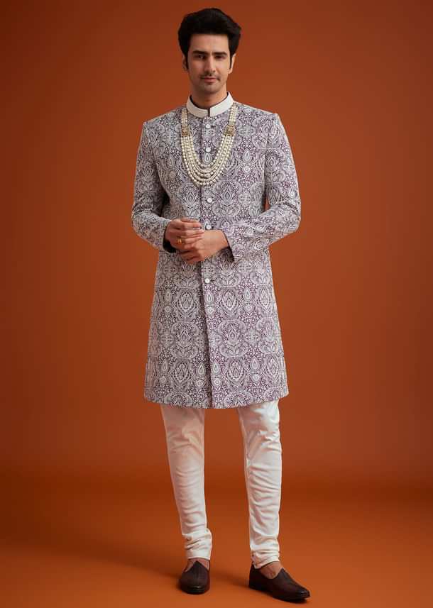Purple Silk Sherwani Set With Bead Work Purple Silk Sherwani Set With Bead Work
