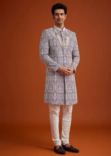 Purple Silk Sherwani Set With Bead Work