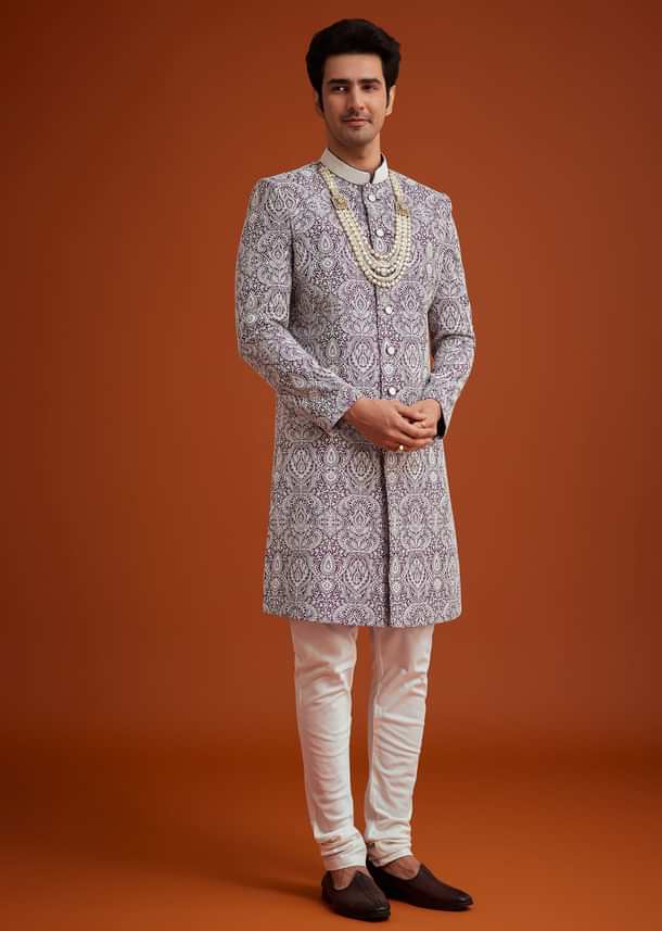 Purple Silk Sherwani Set With Bead Work Purple Silk Sherwani Set With Bead Work