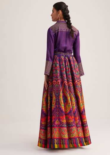 Purple Silk Shirt And Skirt Set With Zari Embroidery