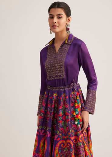 Purple Silk Shirt And Skirt Set With Zari Embroidery