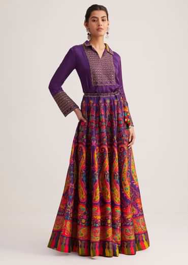 Purple Silk Shirt And Skirt Set With Zari Embroidery