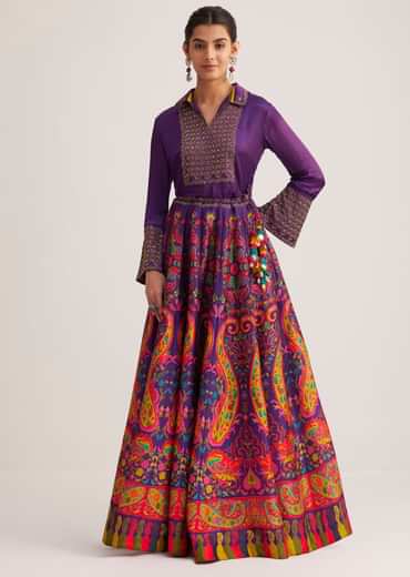 Purple Silk Shirt And Skirt Set With Zari Embroidery