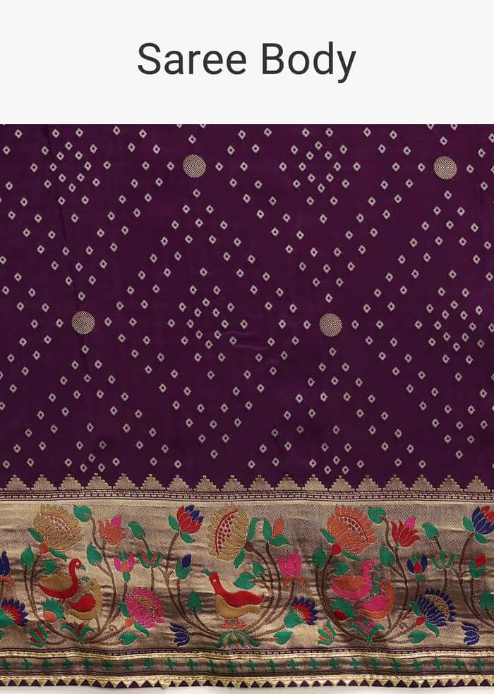 Purple Silk Woven Bandhani Saree With Paithani Border Pallu And Unstitched Blouse