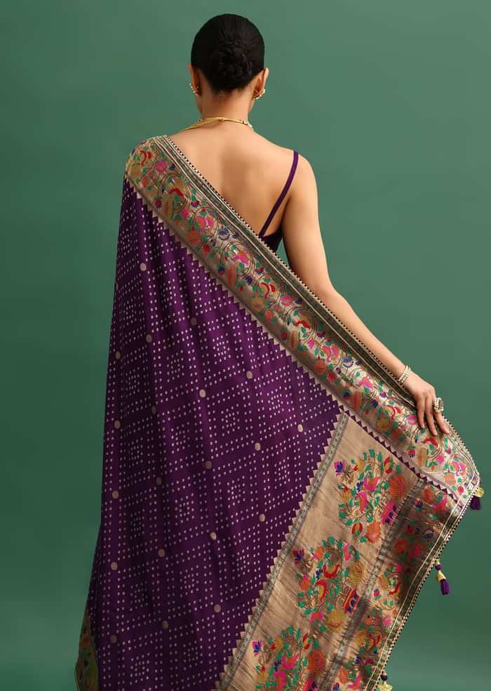 Purple Silk Woven Bandhani Saree With Paithani Border Pallu And Unstitched Blouse