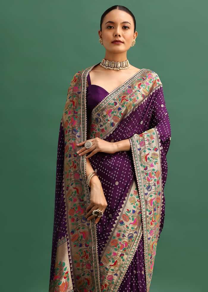 Purple Silk Woven Bandhani Saree With Paithani Border Pallu And Unstitched Blouse