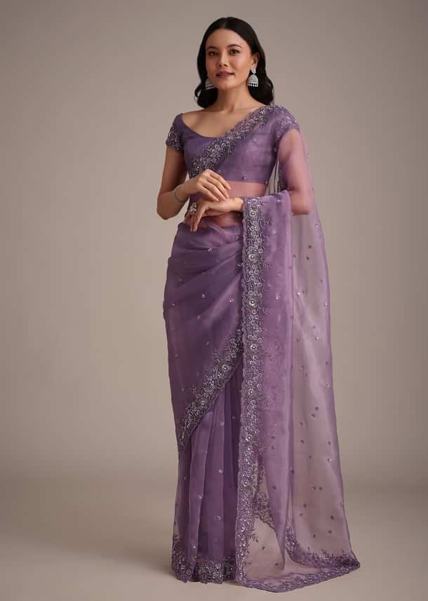 Purple Soft Organza Saree With Cutdana Sequins Embroidery Purple Soft Organza Saree With Cutdana Sequins Embroidery