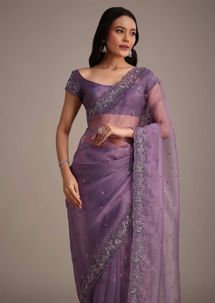Purple Soft Organza Saree With Cutdana Sequins Embroidery