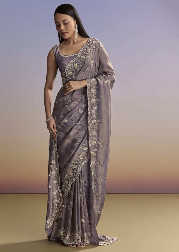 Purple Tissue Saree With Cutdana And Bead Embroidery