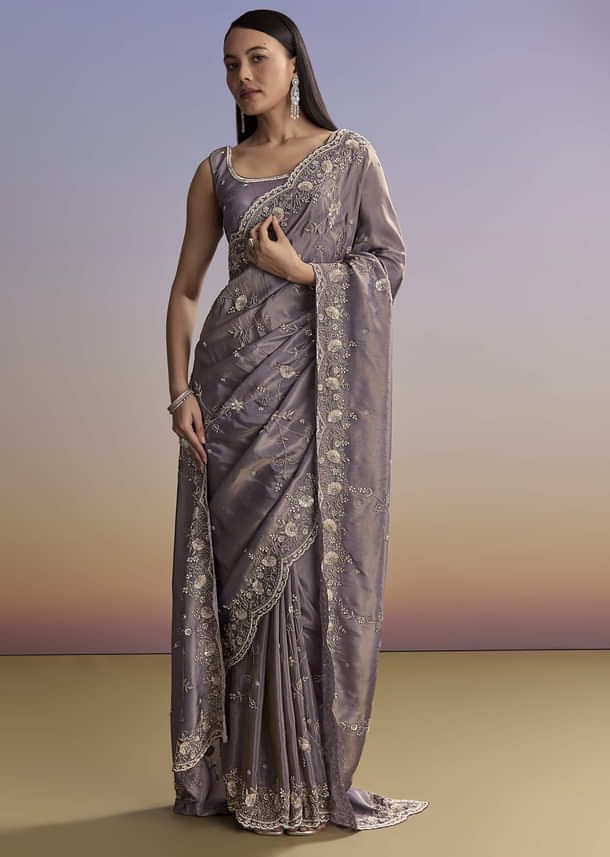 Purple Tissue Saree With Cutdana And Bead Embroidery