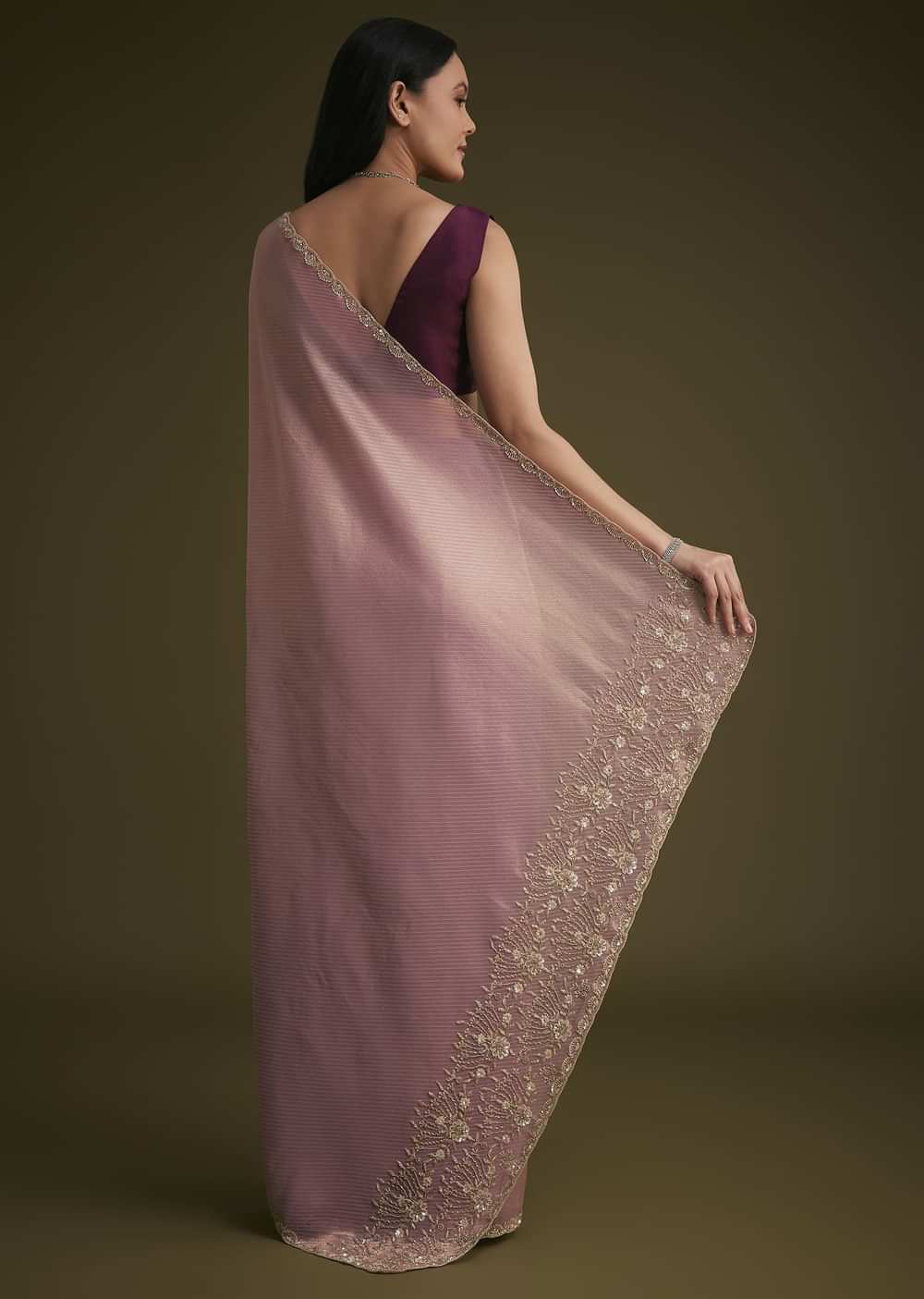 Purple Tissue Sequins Saree With Contrast Blouse