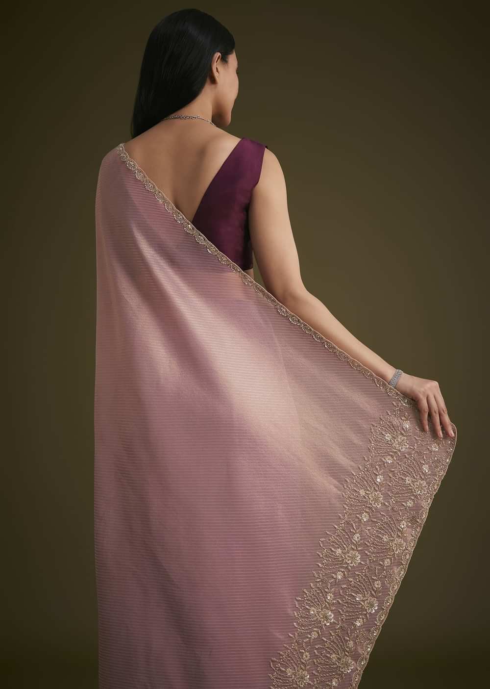Purple Tissue Sequins Saree With Contrast Blouse