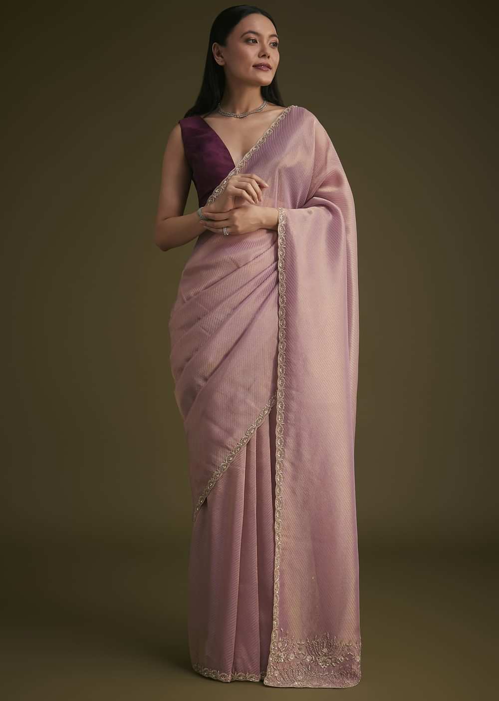 Purple Tissue Sequins Saree With Contrast Blouse