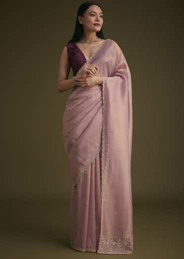Purple Tissue Sequins Saree With Contrast Blouse