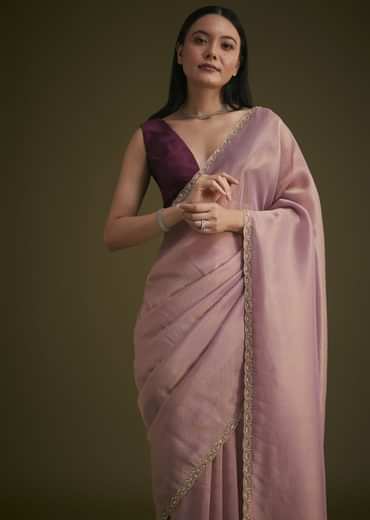 Purple Tissue Sequins Saree With Contrast Blouse
