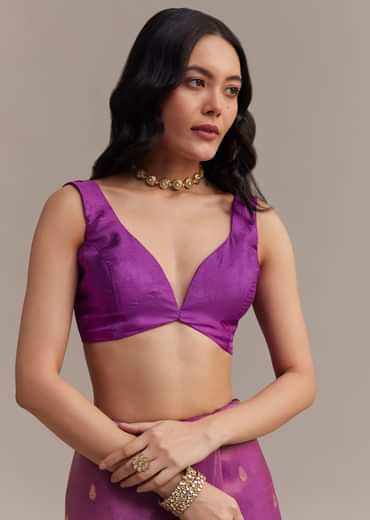 Purple Tissue Silk Saree With Butti Work And Chanderi Zari Woven Border