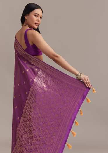 Purple Tissue Silk Saree With Butti Work And Chanderi Zari Woven Border