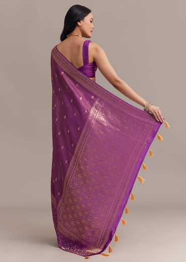Purple Tissue Silk Saree With Butti Work And Chanderi Zari Woven Border