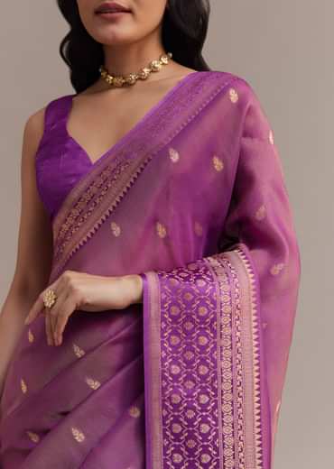 Purple Tissue Silk Saree With Butti Work And Chanderi Zari Woven Border