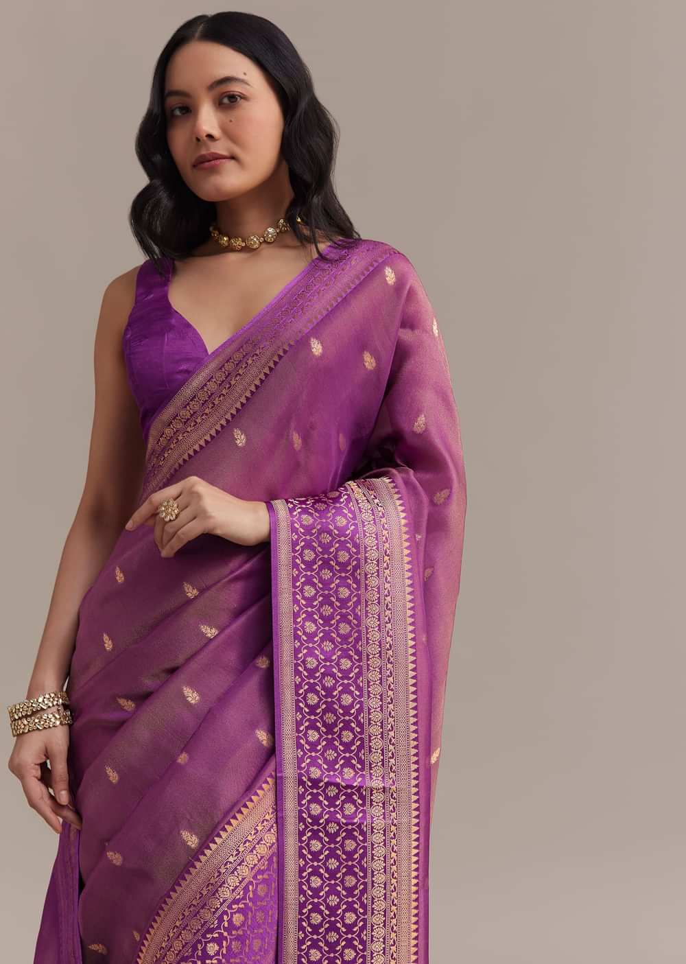 Purple Tissue Silk Saree With Butti Work And Chanderi Zari Woven Border