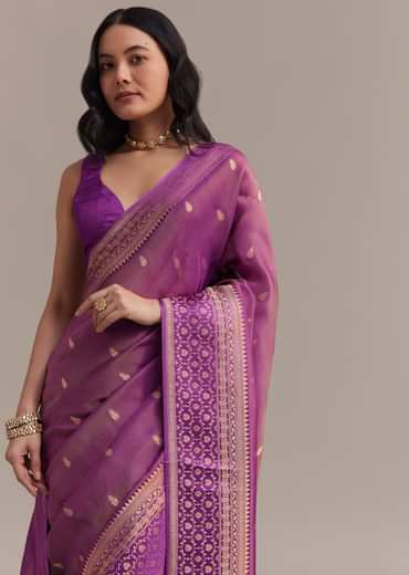 Purple Tissue Silk Saree With Butti Work And Chanderi Zari Woven Border