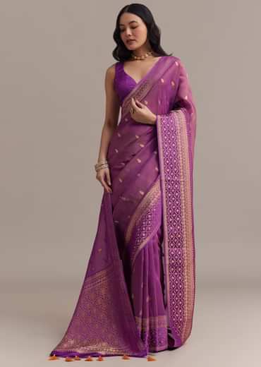 Purple Tissue Silk Saree With Butti Work And Chanderi Zari Woven Border